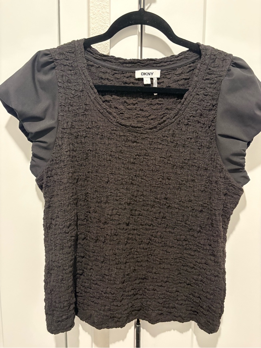 DKNY Black Textured Knit Top with Puff Sleeves